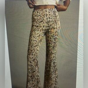 Anthropologie High Rise Satin Flare Leg Paisley Print Pants Tan Beige 8
